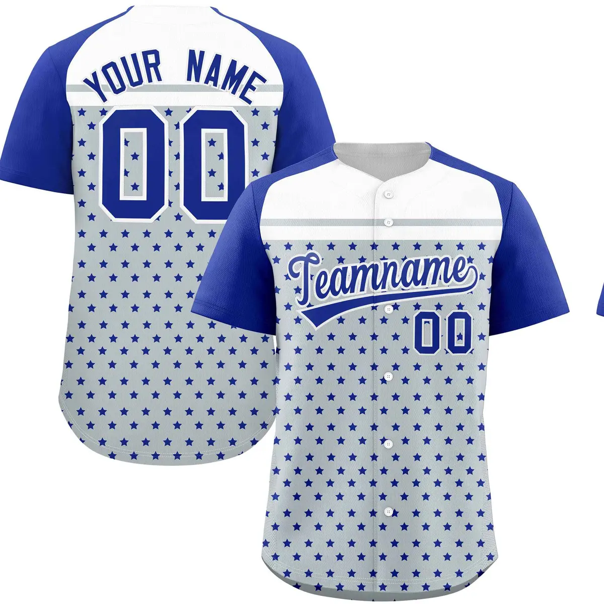 Silver Royal White Raglan Star Print Baseball Jersey