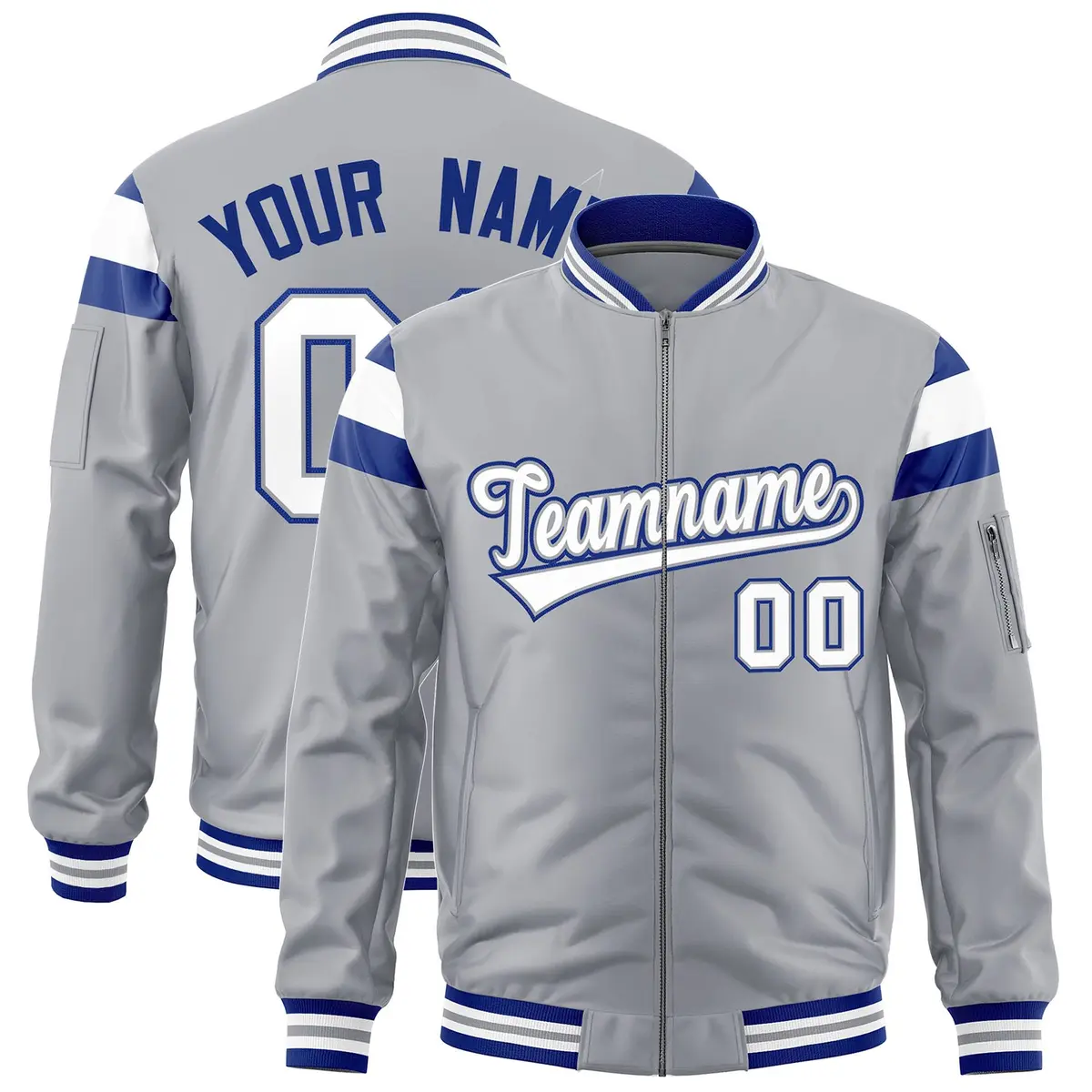 Silver Royal-White Varsity Full-Zip Shoulder Color Block Letterman Bomber Jacket