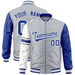 Silver Royal-White Varsity Stripe Raglan Letterman Bomber Jacket