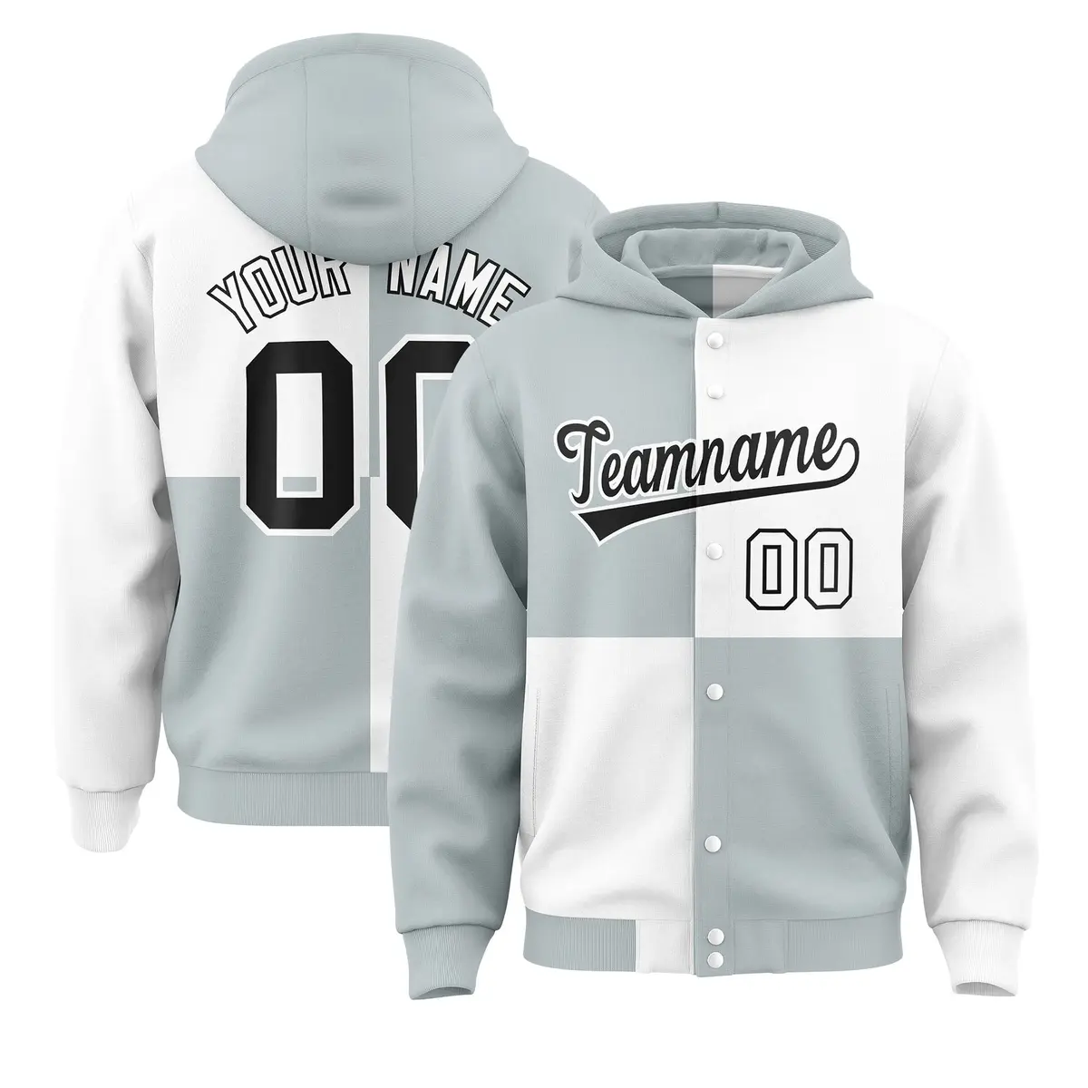 Silver White Four Squares Color Block Varsity Letterman Jacket Hoodie