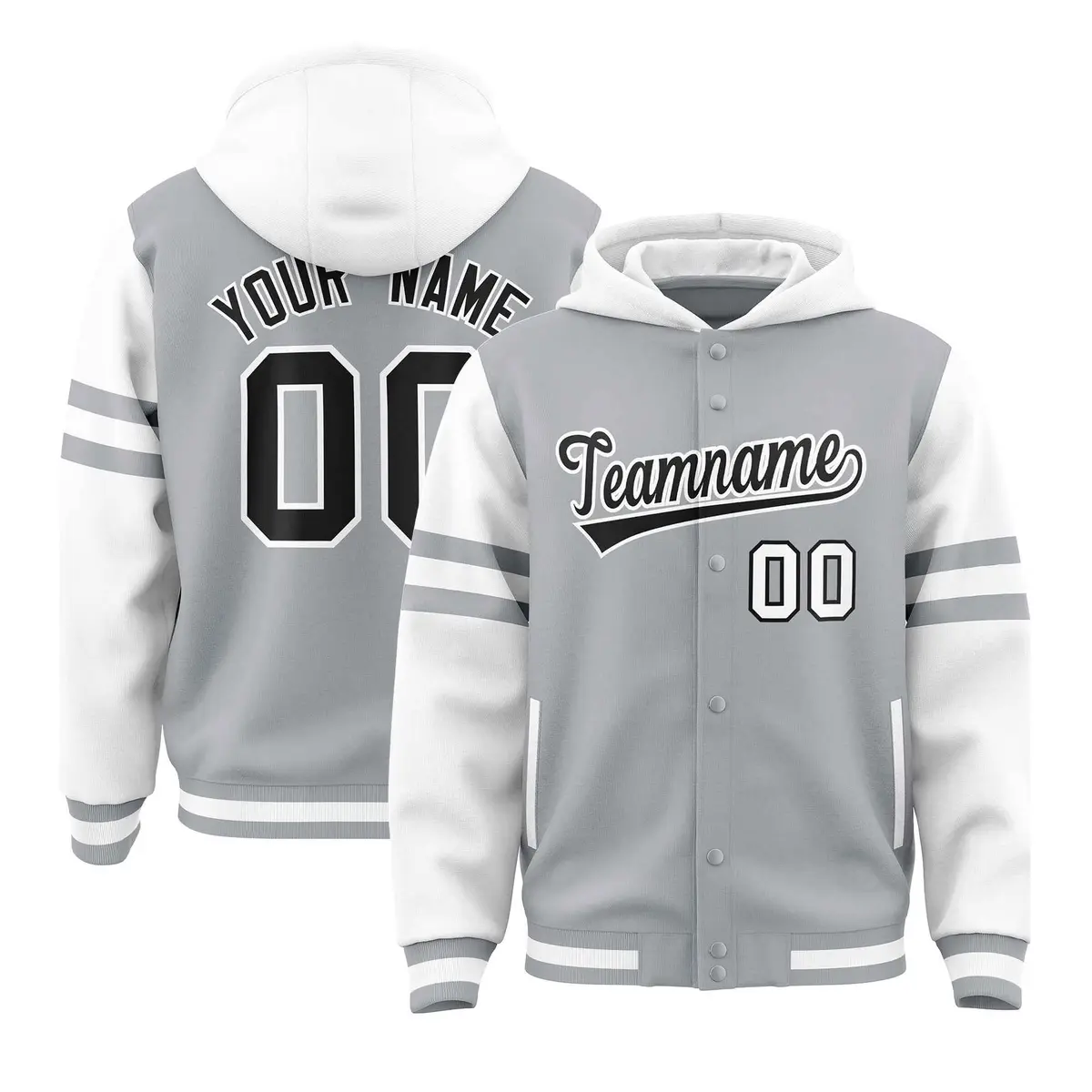 Silver White Raglan Three Stripes Varsity Letterman Jacket Hoodie