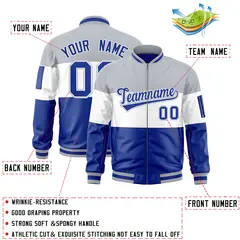 Silver White-Royal Color Block Full-Zip Varsity Letterman Bomber Jacket 2