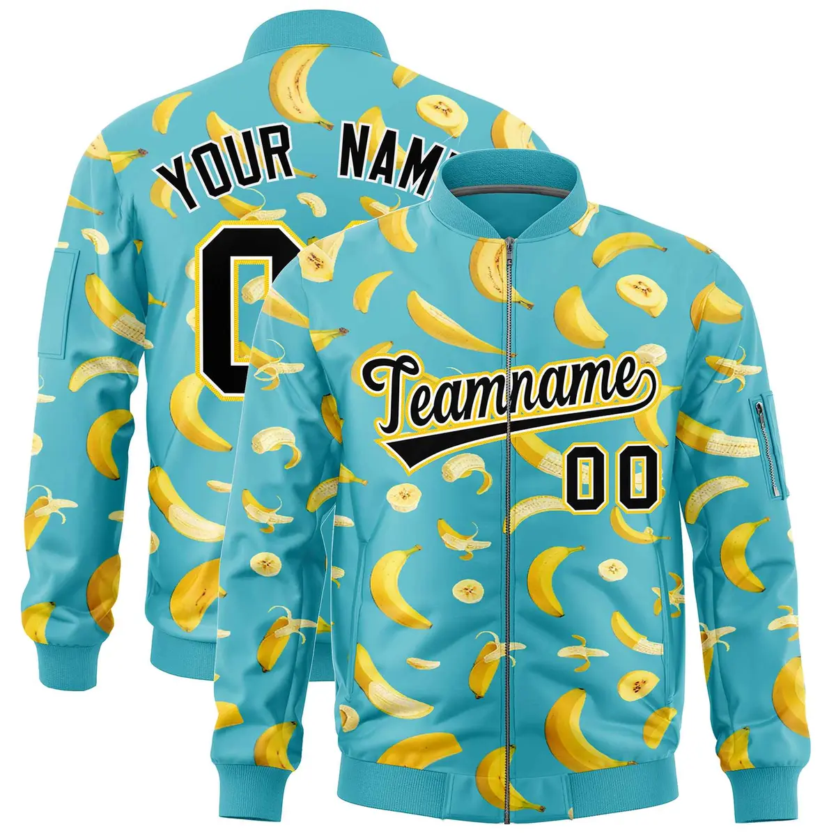 Sky Blue Banana Pattern Varsity Letterman Bomber Jacket