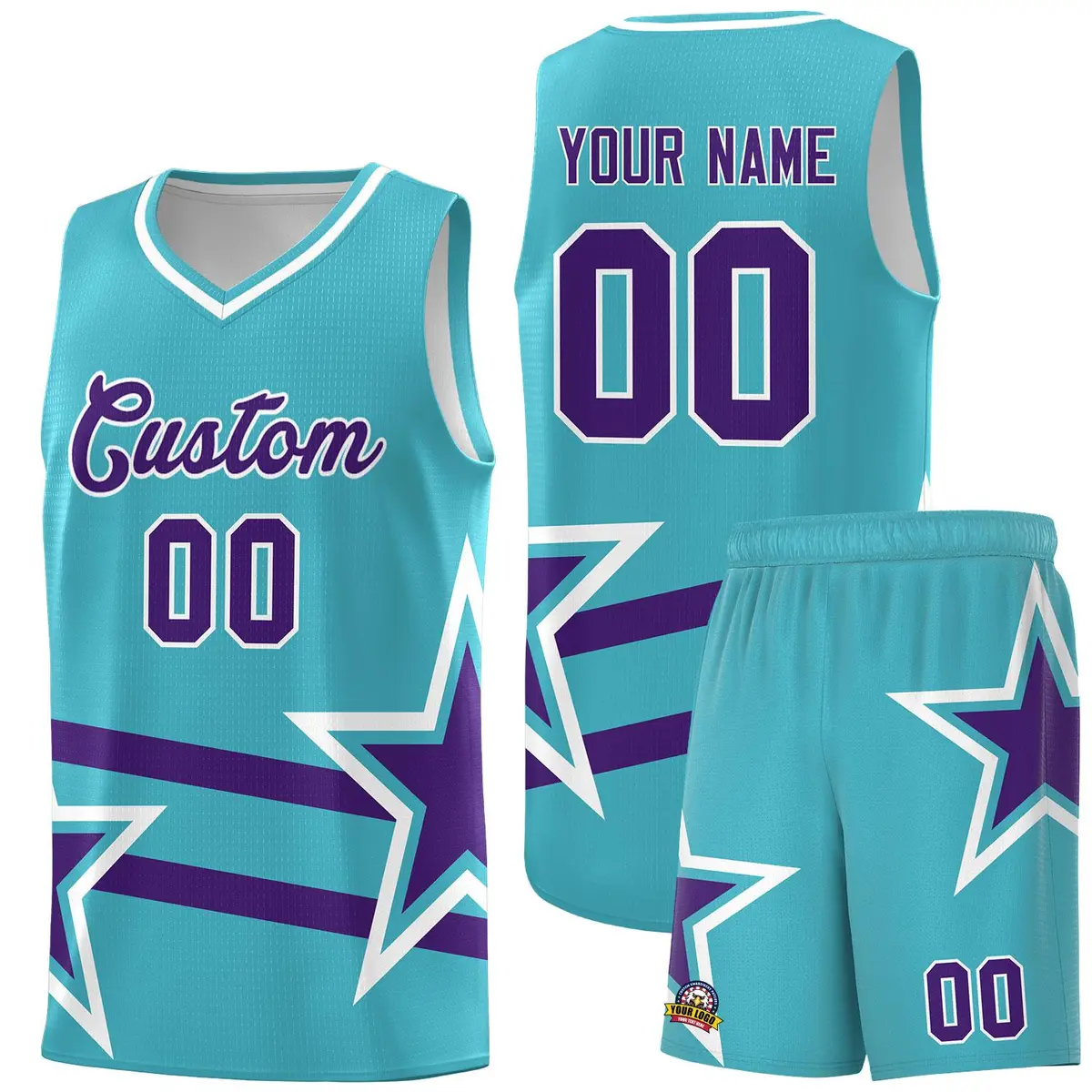 Sky Blue Basketball Kit Purple Star Pattern and Double Lines
