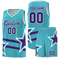 Sky Blue Basketball Kit Purple Star Pattern and Double Lines 1