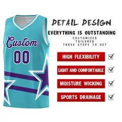 Sky Blue Basketball Kit Purple Star Pattern and Double Lines 2