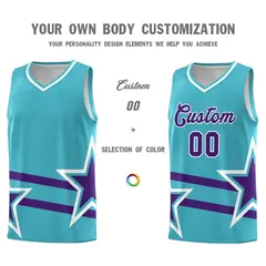 Sky Blue Basketball Kit Purple Star Pattern and Double Lines 3