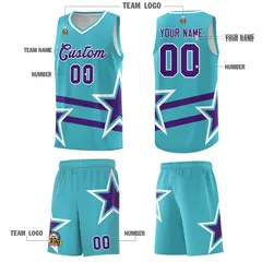 Sky Blue Basketball Kit Purple Star Pattern and Double Lines 5