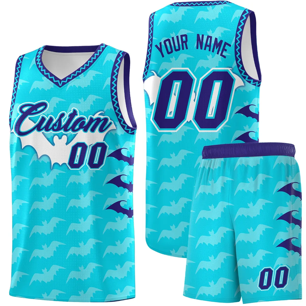 Sky Blue Bat Pattern Halloween Basketball Jersey