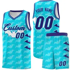 Sky Blue Bat Pattern Halloween Basketball Jersey 1