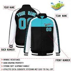 Sky Blue Black K-Ribbon Raglan Full-Snap Color Block Letterman Jacket 2