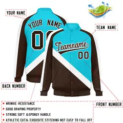 Sky Blue Brown Raglan Varsity Full-Snap Letterman Baseball Jacket 2