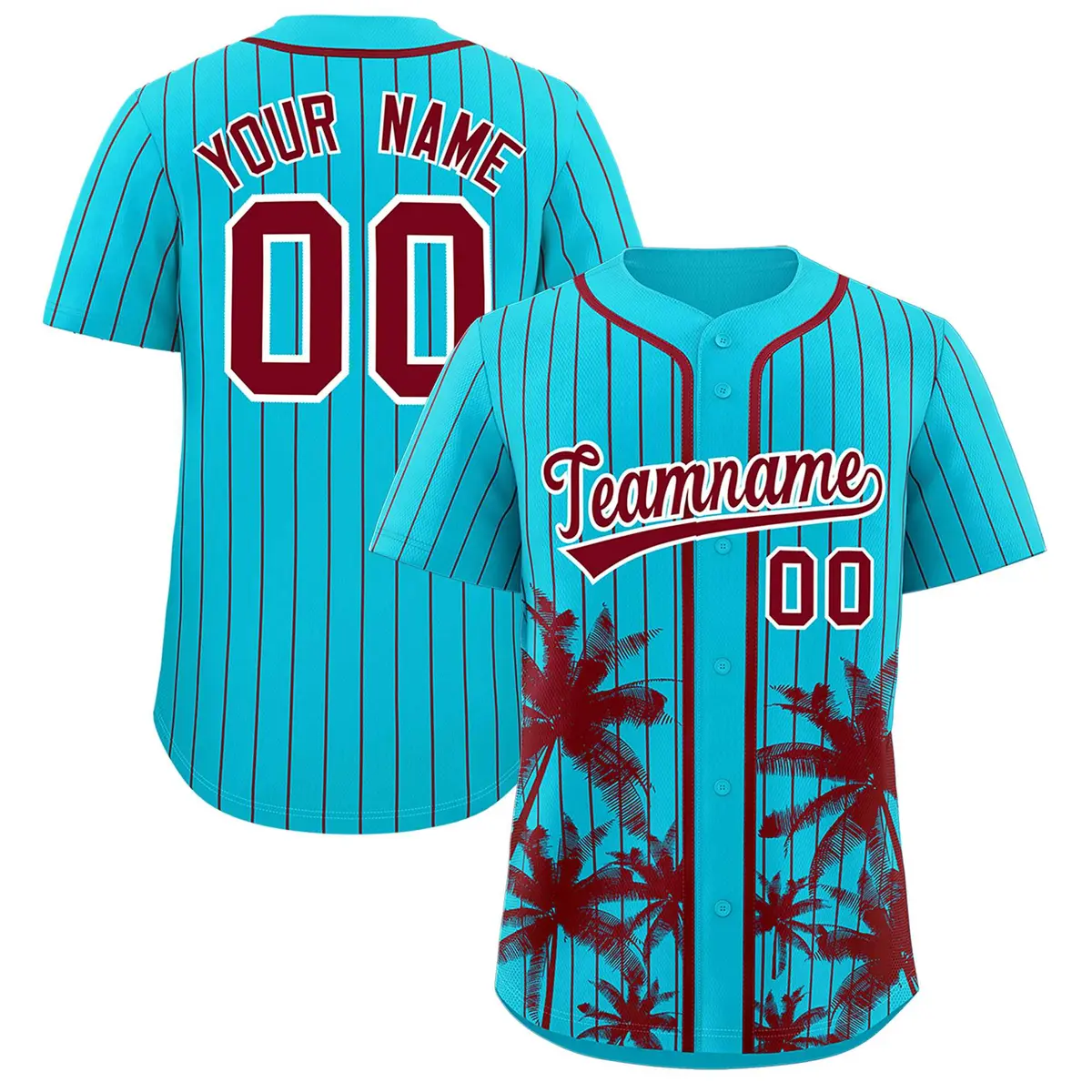 Sky Blue Crimson Pinstripe Coconut Tree Baseball Jersey