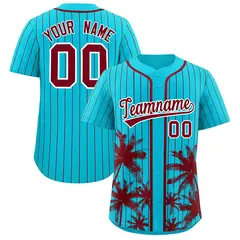 Sky Blue Crimson Pinstripe Coconut Tree Baseball Jersey 1