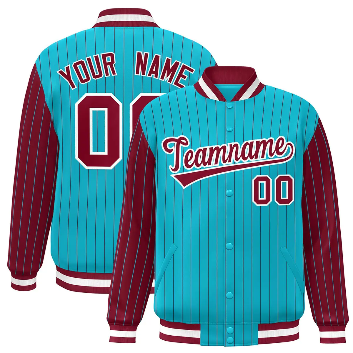 Sky Blue Crimson Pinstripe Raglan Varsity Letterman Baseball Jacket
