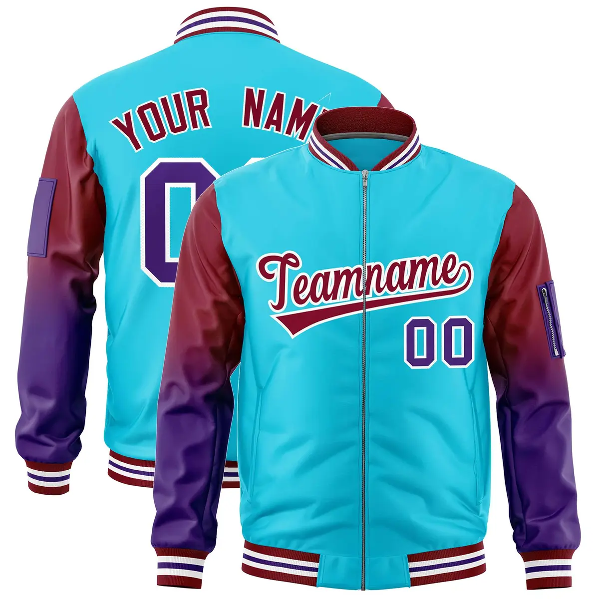Sky Blue Crimson-Purple Gradient Raglan Varsity Full-Zip Letterman Bomber Jacket