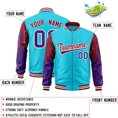Sky Blue Crimson-Purple Gradient Raglan Varsity Full-Zip Letterman Bomber Jacket 2