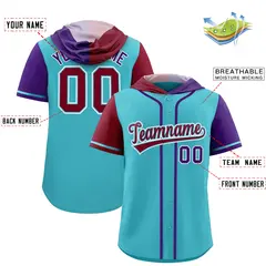 Sky Blue Crimson Purple Split Raglan Baseball Hoodie Jersey 2
