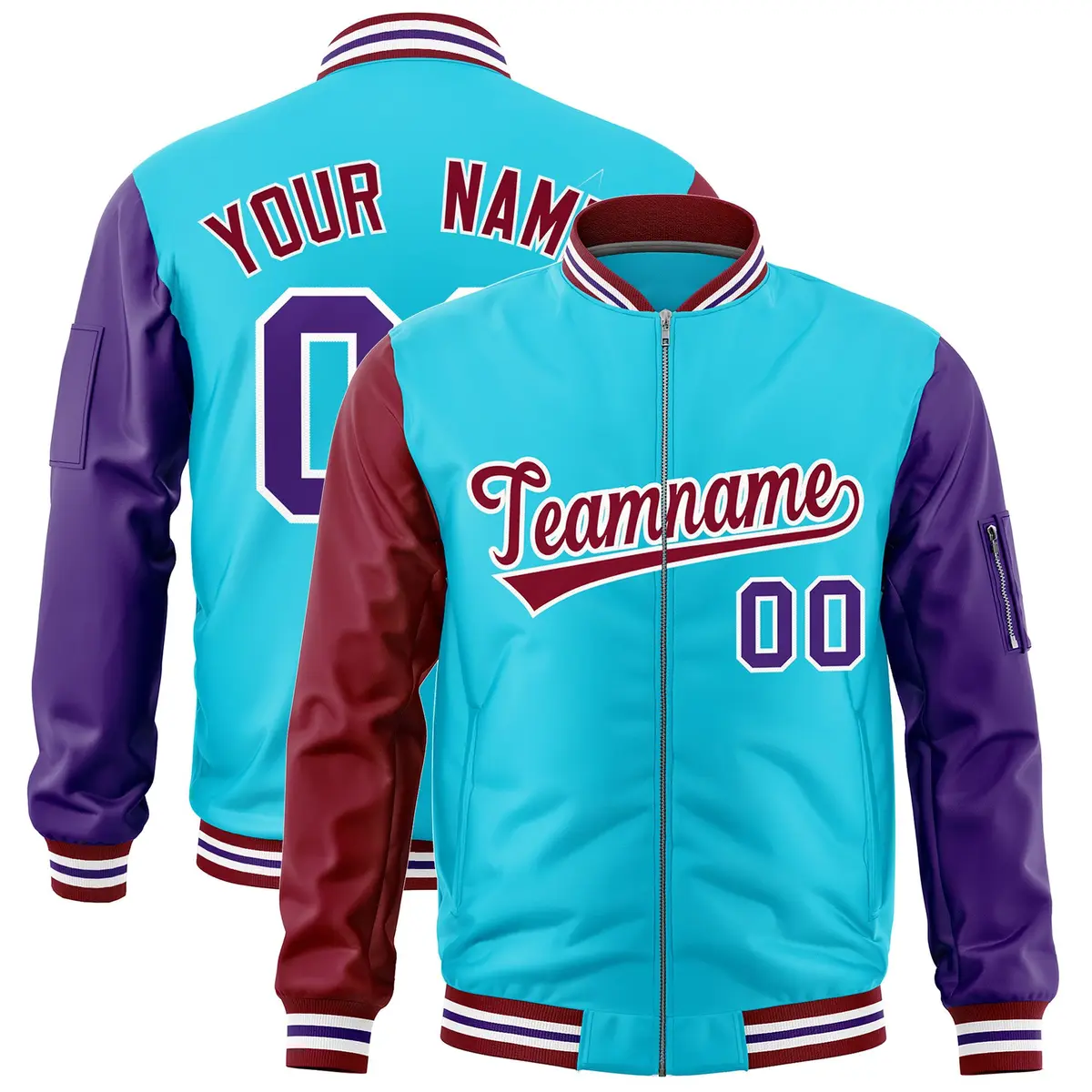 Sky Blue Crimson Purple Varsity Letterman Bomber Jacket Full-Zip Raglan