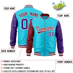Sky Blue Crimson Purple Varsity Letterman Bomber Jacket Full-Zip Raglan 2