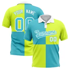 Sky Blue Fluorescent Green Four Squares Performance Polo Shirt