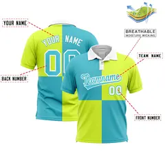 Sky Blue Fluorescent Green Four Squares Performance Polo Shirt 2