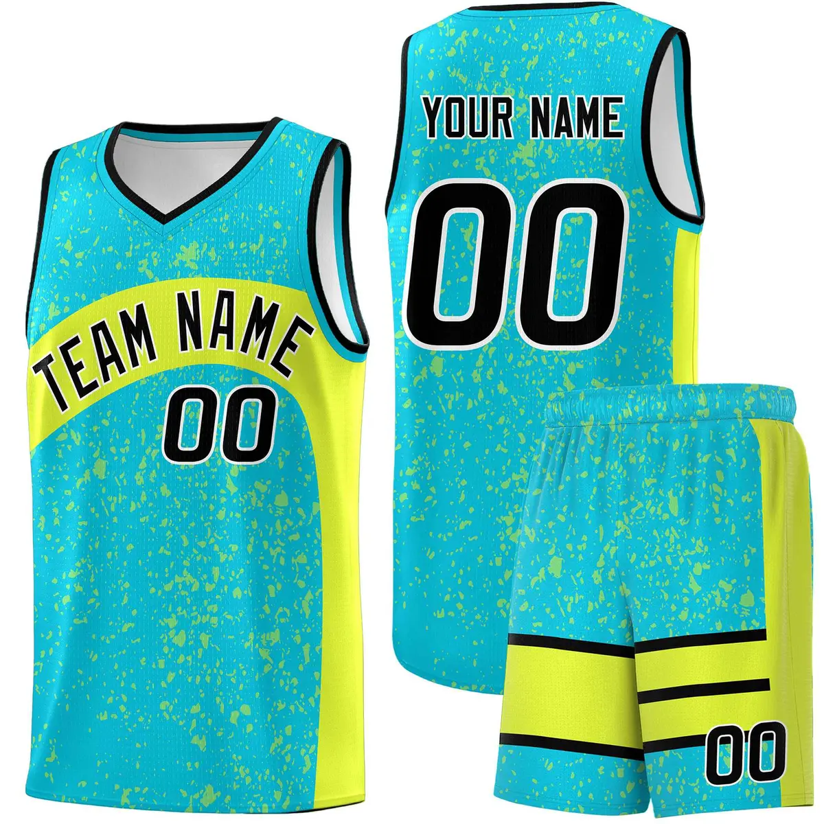 Sky Blue Fluorescent Green Irregular Dot Graffiti Basketball Jersey