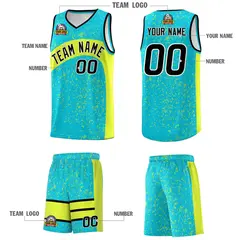 Sky Blue Fluorescent Green Irregular Dot Graffiti Basketball Jersey 5