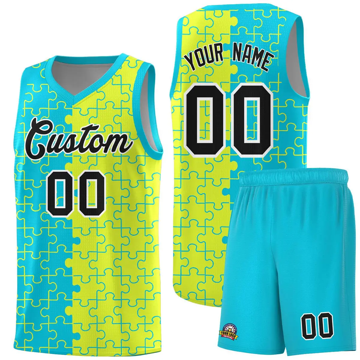 Sky Blue Fluorescent Green Puzzle Splid Basketball Kits
