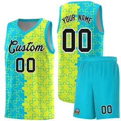 Sky Blue Fluorescent Green Puzzle Splid Basketball Kits 1
