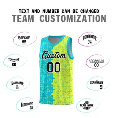 Sky Blue Fluorescent Green Puzzle Splid Basketball Kits 4