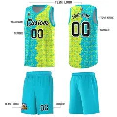 Sky Blue Fluorescent Green Puzzle Splid Basketball Kits 5