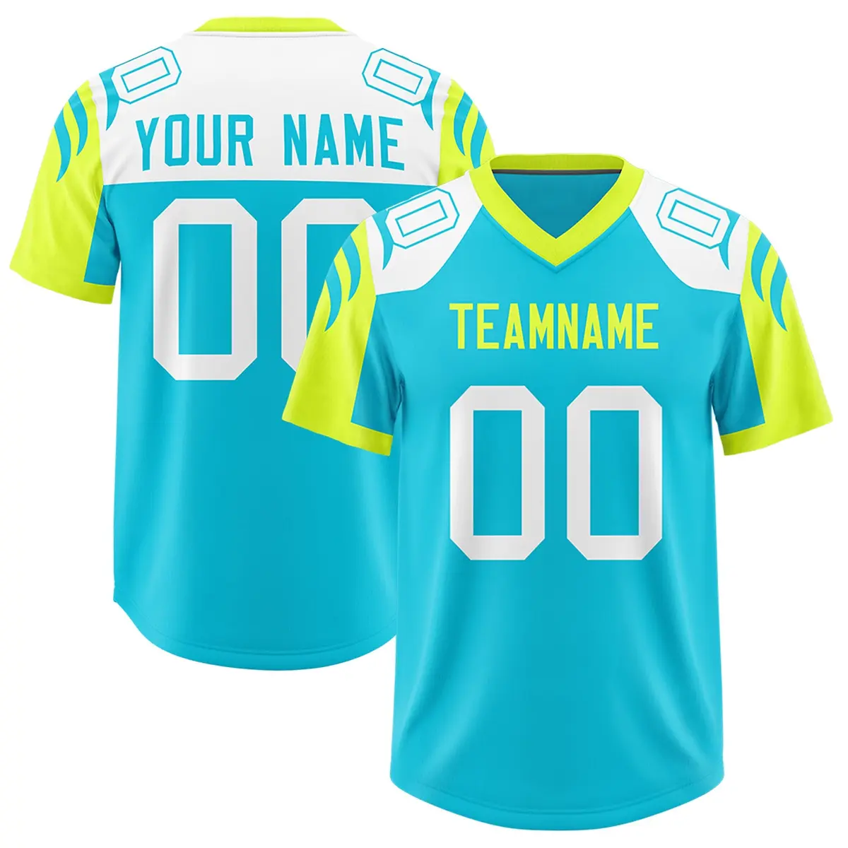 Sky Blue Fluorescent Green Raglan Sleeves Football Jersey