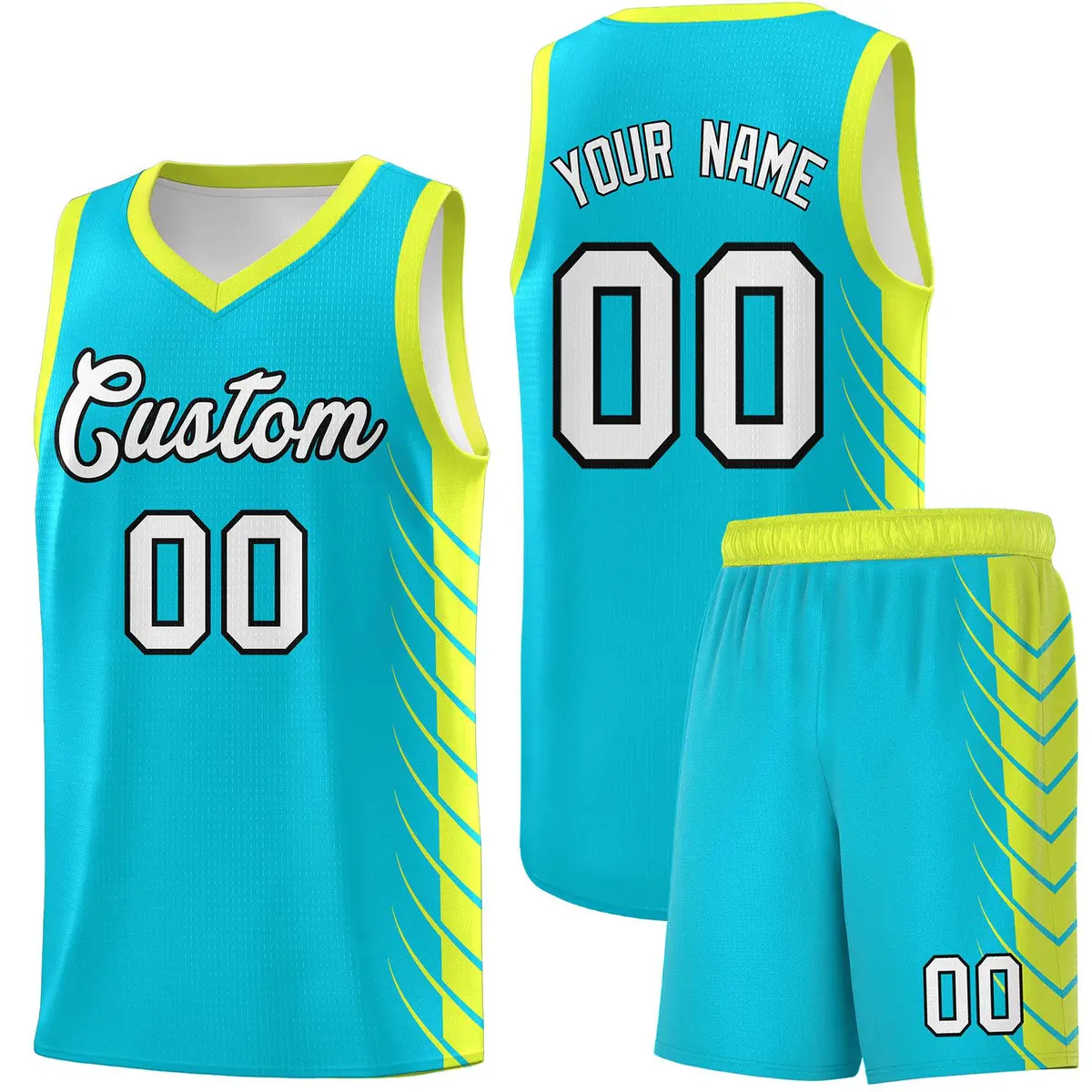 Sky Blue Fluorescent Green Side Symmetrical Line Pattern Basketball Jersey