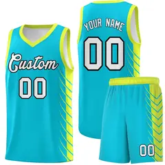 Sky Blue Fluorescent Green Side Symmetrical Line Pattern Basketball Jersey 1