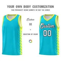 Sky Blue Fluorescent Green Side Symmetrical Line Pattern Basketball Jersey 3