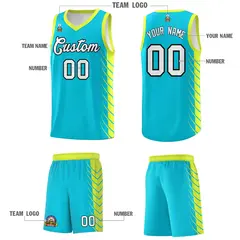 Sky Blue Fluorescent Green Side Symmetrical Line Pattern Basketball Jersey 5
