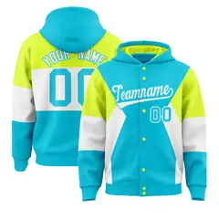 Sky Blue Fluorescent Green White Color Block Varsity Letterman Jacket Hoodie 1