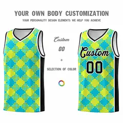 Sky Blue Fluorescent Green White Grid Basketball Kit 3
