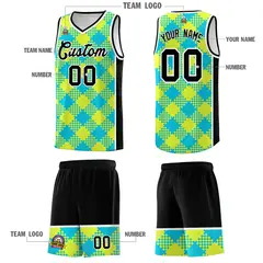 Sky Blue Fluorescent Green White Grid Basketball Kit 5