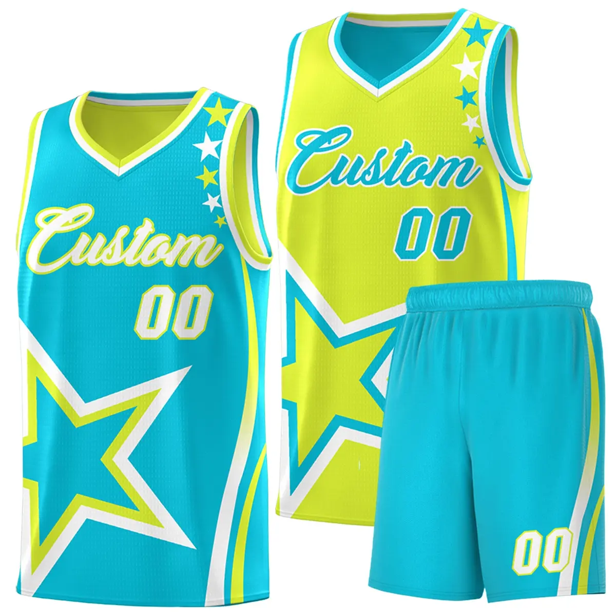 Sky Blue Fluorescent Green White Star Series Reversible Basketball Jersey