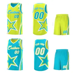 Sky Blue Fluorescent Green White Star Series Reversible Basketball Jersey 2