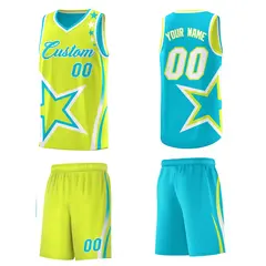 Sky Blue Fluorescent Green White Star Series Reversible Basketball Jersey 5