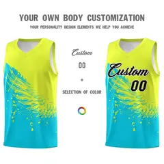 Sky Blue Fluorescent Green Wing Pattern Basketball Jersey 3