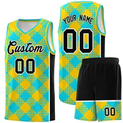 Sky Blue Gold-Black Grid Basketball Kits For Team
