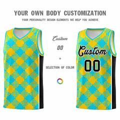 Sky Blue Gold-Black Grid Basketball Kits For Team 3