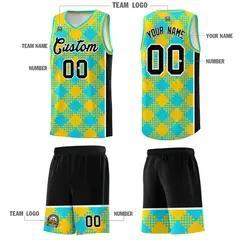 Sky Blue Gold-Black Grid Basketball Kits For Team 5