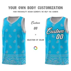 Sky Blue Gray Cashew Pattern Basketball Jersey 3
