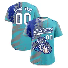 Sky Blue Gray Royal Blue Full-Snap Tiger Graffiti Baseball Jersey