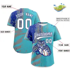 Sky Blue Gray Royal Blue Full-Snap Tiger Graffiti Baseball Jersey 2